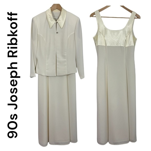 Vintage 90s Joseph Ribkoff Evening Dress + Jacket Sz 8 White Cream Satin Classy - Picture 1 of 16